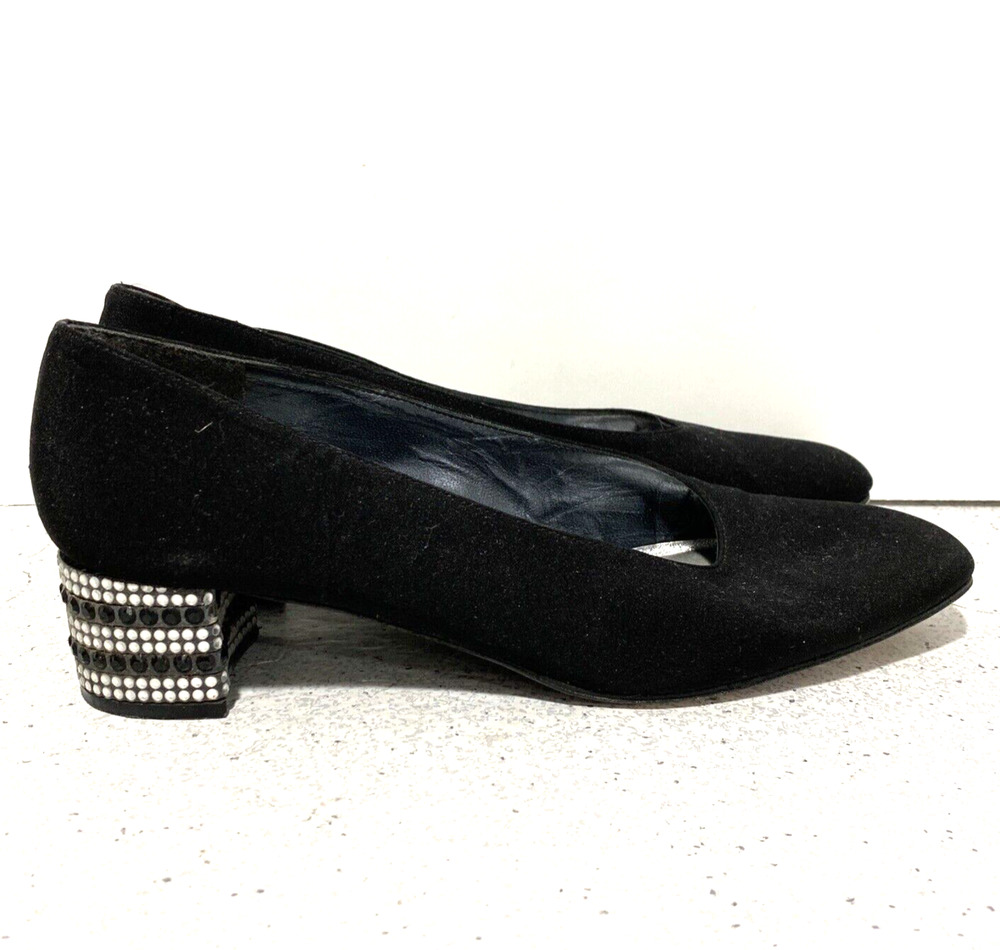 Stuart Weitzman dressy black satin pumps shoe rhinestone cover block heels 7.5 B
